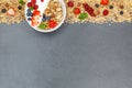 Muesli breakfast fruits yogurt strawberries cereals berries bowl Royalty Free Stock Photo
