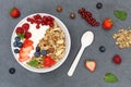 Muesli breakfast fruits yogurt strawberries cereals berries bowl Royalty Free Stock Photo