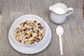 Muesli breakfast in package, milk and spoon