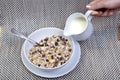 Muesli breakfast in package, milk and spoon