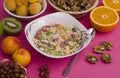 Muesli with candied fruits, fruits and nuts.Healthy breakfast, vegetarianism Royalty Free Stock Photo