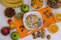 Muesli with candied fruits, fruits and nuts.Healthy breakfast, vegetarianism Royalty Free Stock Photo