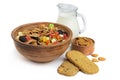 Muesli, cereal cookies and milk Royalty Free Stock Photo