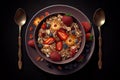 Muesli and Cereal Oatmeal Berry Strawberry Raisin Cashow Rose Patels Breakfast Top view in Ornamental Plate AI Generative