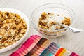 Muesli with cereals, raisin and sunflower seeds in plate, spoon in bowl with granola and yogurt, napkin on wooden table Royalty Free Stock Photo