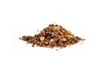 Muesli flakes with chocolate and almonds on a white background.