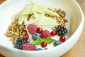 Muesli with fresh berries and fruits in a bowl. Close-up. Delicious and healthy breakfast Royalty Free Stock Photo