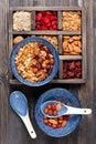 Muesli granola oatmeal with nuts and dried fruits. Healthy breakfast. Top view Royalty Free Stock Photo