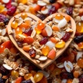 Muesli in a heart-shaped wooden bowl. Healthy breakfast. Top view. Royalty Free Stock Photo