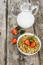 Muesli and a jug of milk for breakfast. Granola with strawberry Royalty Free Stock Photo