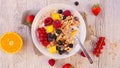 Muesli, milk and fruits Royalty Free Stock Photo