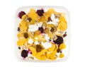 Muesli with pineapple, raisins, raspberry, dried apricots and yo