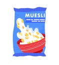 Muesli pouring from bag into bowl with milk splash. Healthy breakfast cereal oats. Nutrition and organic food vector Royalty Free Stock Photo