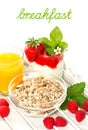 Muesli, strawberry yogurt, orange juice