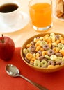 Muesli in wooden bowl, juice and apple Royalty Free Stock Photo