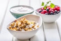 Muesli yoghurt and berries. Healthy breakfast with yogurt granola and fresh fruit Royalty Free Stock Photo