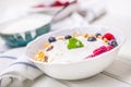 Muesli yoghurt and berries. Healthy breakfast with yogurt granola and fresh fruit Royalty Free Stock Photo