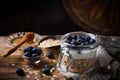 Muesli with yogurt and blue berries in glass jar. Royalty Free Stock Photo