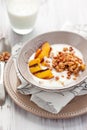 Muesli,yogurt and grilled peaches Royalty Free Stock Photo