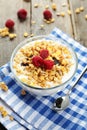 Muesli with yogurt and raspberries in a bowl on a brown wooden background. Royalty Free Stock Photo