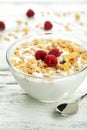 Muesli with yogurt and raspberries in a bowl on a white wooden background. Royalty Free Stock Photo