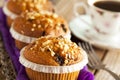 Muffin cakes in silver tray with cup of coffee Royalty Free Stock Photo