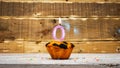 Happy birthday copy space. Muffin candle burning background for anniversary 0