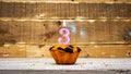 Happy birthday copy space. Muffin candle burning background for anniversary 3