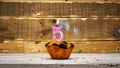 Happy birthday copy space. Muffin candle burning background for anniversary 5