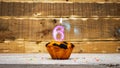 Happy birthday copy space. Muffin candle burning background for anniversary 6