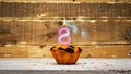 Happy birthday copy space. Muffin candle burning background for anniversary 8