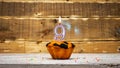 Happy birthday copy space. Muffin candle burning background for anniversary 9