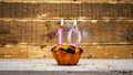 Happy birthday copy space. Muffin candle burning background for anniversary 10