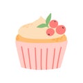 Muffin with cream and berries. Vector illustration . Cupcake isolated on white background.