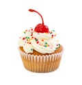 Muffin with cream and maraschino cherry, decorated with colorful Royalty Free Stock Photo