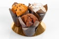 Group of muffin cup cake closeup. With chocolate chips and fruit filling Royalty Free Stock Photo