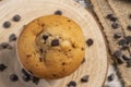 Muffin or cupcake with chocolate chips on wooden table background. Concept of making industrial or homemade pastries