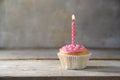Muffin or cupcake with a pink burning candle on a wooden board against a rustic background, birthday concept with copy space
