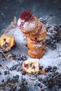 Muffin with currants on a dark background. muffins lined tower, for travel along the surface of the smoke. fabulous concept