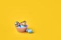 Muffin with easter blue eggs and bird. Springtime concept. Creative conceptual photo