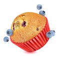 Muffin flying with blueberries isolated on white Royalty Free Stock Photo