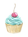 Watercolor cupcake with green mint cream and cherry Royalty Free Stock Photo