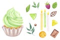 Muffin with green sweet whipped cream. Citrus fruits, lime, lemon, kumquat, chocolate, leaf. Collection rainbow cupcakes