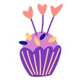 Muffin with hearts. Cupcake with icing. Sweet food. Valentine day, romantic, Birthday holiday symbol. Cartoon style dessert.