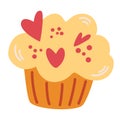 Muffin with hearts. Sweet dessert food. Cupcake with vanilla cream for Valentines day. Vector cartoon illustration. Isolate on a Royalty Free Stock Photo