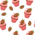 Chocolate-covered strawberry muffins seamless pattern. Sweet dessert.