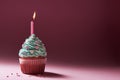 Muffin or a small cake with a burning candle. concept of congratulation, holiday.