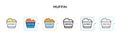 Muffin vector icon in 6 different modern styles. Black, two colored muffin icons designed in filled, outline, line and stroke Royalty Free Stock Photo