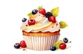 Muffin with whipped cream and fresh berries on a white background. An appetizing sweet dessert