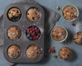 Muffins blueberry redberry homemade cake baked top view